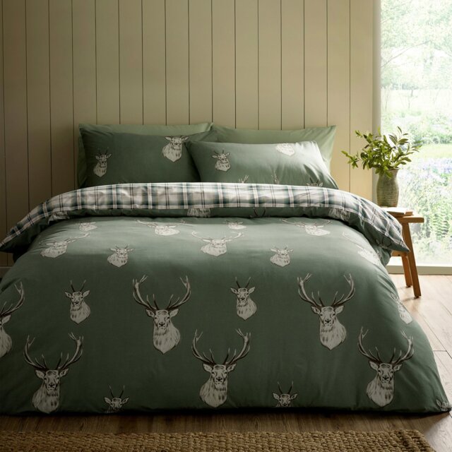 Rackhams Stag Check Reversible Duvet Cover Set - Soft Green - Double - image 1