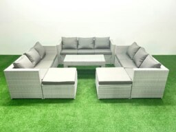 Rackhams Rattan Garden Outdoor Furniture Set 11 Seater Garden Sofa Oblong Coffee Table Set with 2 Big Footstools Light Grey Mixed - thumbnail 1