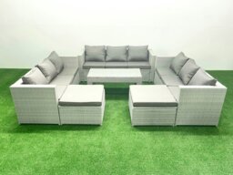 Rackhams Rattan Garden Outdoor Furniture Set 11 Seater Garden Sofa Oblong Coffee Table Set with 2 Big Footstools Light Grey Mixed - thumbnail 2