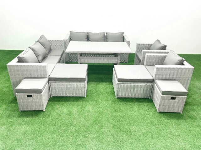 Rackhams Rattan Garden Furniture Dining Set 12 Seater Lounge Sofa Chair Dining Table Set with 4 Footstools Light Grey Mixed - image 1