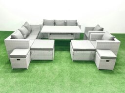 Rackhams Rattan Garden Furniture Dining Set 12 Seater Lounge Sofa Chair Dining Table Set with 4 Footstools Light Grey Mixed - thumbnail 1