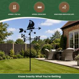 Rackhams Boat Steel Weathervane, Black Painted All-Steel Weather Vane With Wall Fixings and 1.7m Ground Spike, Wind Speed Cups - thumbnail 6