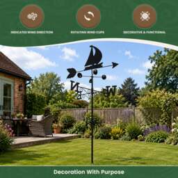 Rackhams Boat Steel Weathervane, Black Painted All-Steel Weather Vane With Wall Fixings and 1.7m Ground Spike, Wind Speed Cups - thumbnail 3