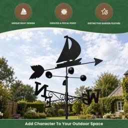 Rackhams Boat Steel Weathervane, Black Painted All-Steel Weather Vane With Wall Fixings and 1.7m Ground Spike, Wind Speed Cups - thumbnail 2