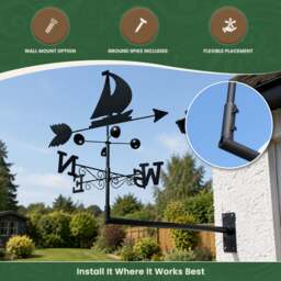 Rackhams Boat Steel Weathervane, Black Painted All-Steel Weather Vane With Wall Fixings and 1.7m Ground Spike, Wind Speed Cups - thumbnail 4