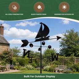 Rackhams Boat Steel Weathervane, Black Painted All-Steel Weather Vane With Wall Fixings and 1.7m Ground Spike, Wind Speed Cups - thumbnail 5