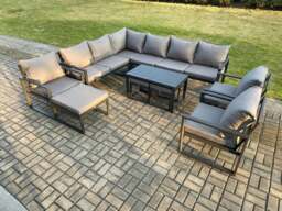 Rackhams Aluminium 12 Seater Outdoor Lounge Corner Sofa Set Garden Furniture Sets with Oblong Coffee Table 3 Chairs 3 Footstools Dark Grey - thumbnail 1