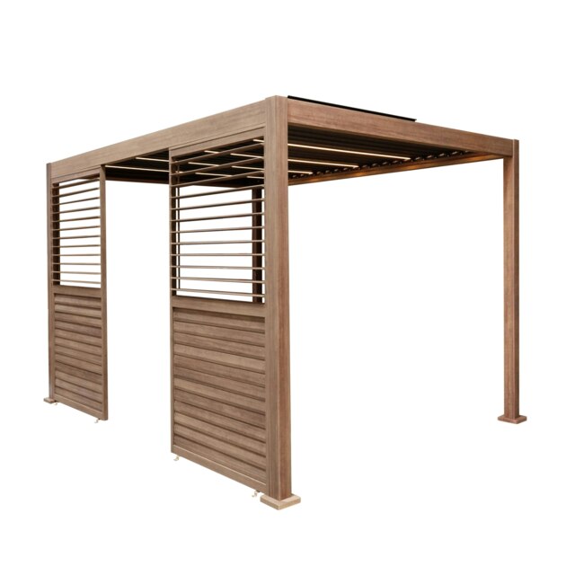 Rackhams Wood Effect Aluminium Pergola With LED Lights & 2 x Side Panels - 3m x 3m - image 1
