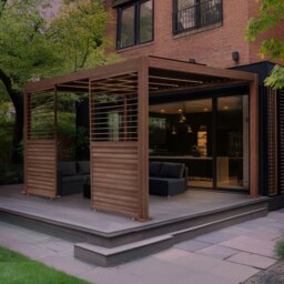 Rackhams Wood Effect Aluminium Pergola With LED Lights & 2 x Side Panels - 3m x 3m - thumbnail 4