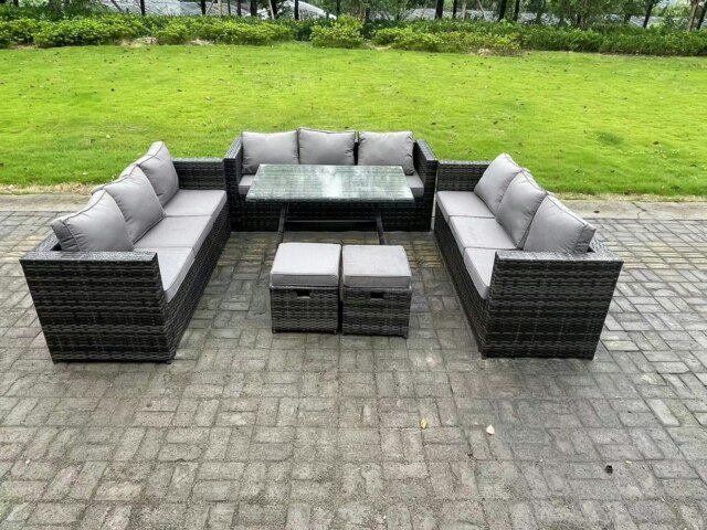 Rackhams 11 Seater Rattan Outdoor Furniture Sofa Garden Dining Set with Patio Dining Table 2 Small Footstools Dark Grey Mixed - image 1