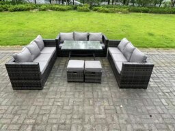 Rackhams 11 Seater Rattan Outdoor Furniture Sofa Garden Dining Set with Patio Dining Table 2 Small Footstools Dark Grey Mixed - thumbnail 1