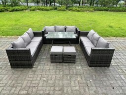 Rackhams 11 Seater Rattan Outdoor Furniture Sofa Garden Dining Set with Patio Dining Table 2 Small Footstools Dark Grey Mixed - thumbnail 2