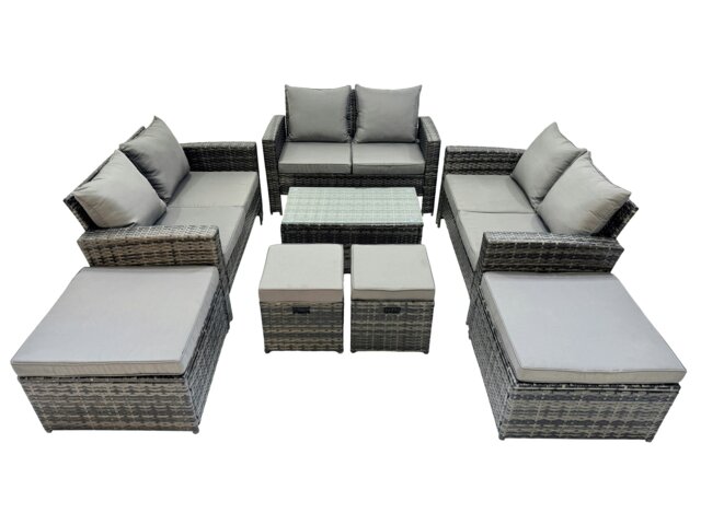 Rackhams PE Rattan Garden Furniture Set Lounge Double Seat Sofa Coffee Table Set with 4 Stools Dark Grey MixedMixed - image 1