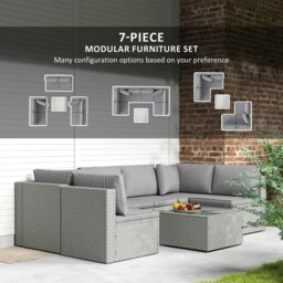 Rackhams 7 Pieces Rattan Garden Furniture Set with Cushions, Grey - thumbnail 4