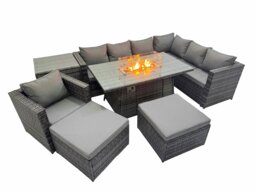 Rackhams Garden Rattan Furniture Set 9 Seater Outdoor Corner Sofa Chair Gas Fire Pit Dining Table Set with 2 Big Stools Side Table Dark Grey - thumbnail 1