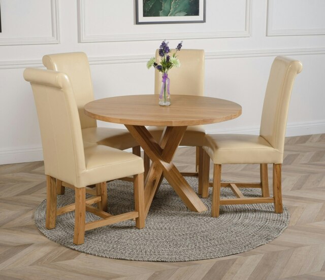 Rackhams Oregon Round Oak Dining Table with Washington Leather Chairs - 1 - 4 chairs - Ivory - image 1