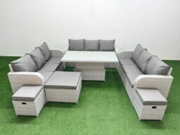 Rackhams 12 Seater Light Grey PE Rattan Outdoor Lounge Set - Adjustable Lifting Dining/Coffee Table, 3-Seater Sofa & 3 Stools - thumbnail 1