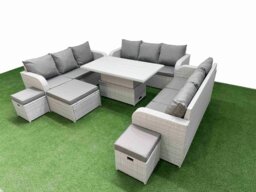 Rackhams 12 Seater Light Grey PE Rattan Outdoor Lounge Set - Adjustable Lifting Dining/Coffee Table, 3-Seater Sofa & 3 Stools - thumbnail 2