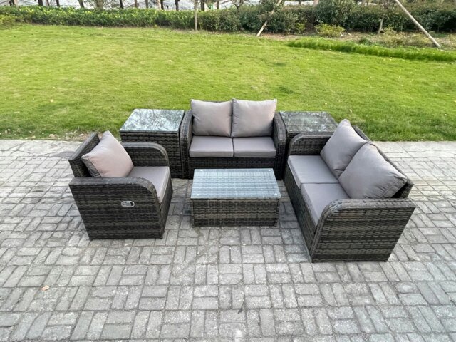 Rackhams High Back Rattan Garden Lounge Sofa Set - Dark Grey Mixed Indoor/Outdoor Patio Furniture with Loveseat & Rectangular Coffee Table - image 1