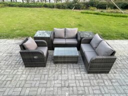 Rackhams High Back Rattan Garden Lounge Sofa Set - Dark Grey Mixed Indoor/Outdoor Patio Furniture with Loveseat & Rectangular Coffee Table - thumbnail 1
