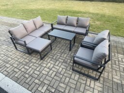 Rackhams Aluminium Outdoor Garden Furniture Set 9 Seater Garden Sofa with Oblong Coffee Table Big Footstool Dark Grey - thumbnail 1