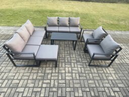 Rackhams Aluminium Outdoor Garden Furniture Set 9 Seater Garden Sofa with Oblong Coffee Table Big Footstool Dark Grey - thumbnail 2