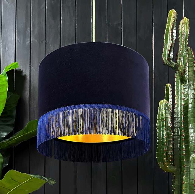 "Rackhams Indigo Velvet Lampshade With Gold Foil Lining and Fringing - Ceiling Pendant / Arc Lamp - 40cm Diameter x 23cm Height / (16"" x 9"")" - image 1