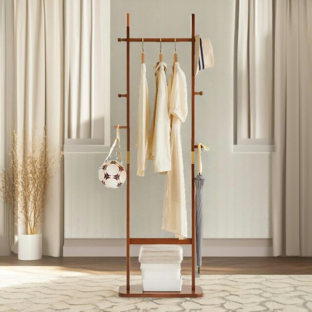 Rackhams Tall Wooden Coat Stand With 5 Hooks Dark Brown - image 1