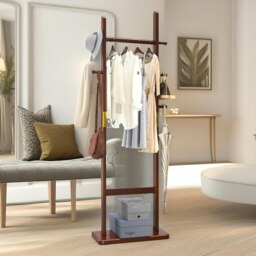 Rackhams Tall Wooden Coat Stand With 5 Hooks Dark Brown - thumbnail 2