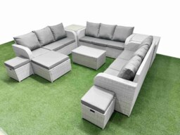 Rackhams PE Rattan Lounge Sofa Set 12 Seater Outdoor Garden Furniture Set with Rectangular Coffee Table 3 Seater Sofa 3 Stools 2 Side Table Light Grey - thumbnail 2