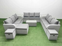 Rackhams PE Rattan Lounge Sofa Set 12 Seater Outdoor Garden Furniture Set with Rectangular Coffee Table 3 Seater Sofa 3 Stools 2 Side Table Light Grey - thumbnail 1