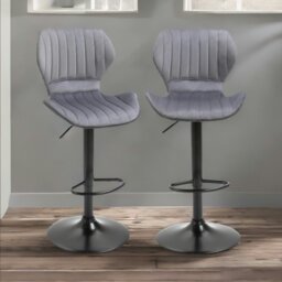 Rackhams Grey Retro Velvet Bar Stools Set Of 2 With Adjustable Height & Swivel