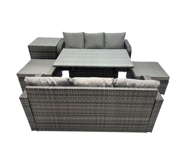 Rackhams 8 Seat Outdoor Wicker PE Rattan Garden Furniture Set Dining Table Sofa Set with 2 Big Stool Side Table Dark Grey Mixed - image 1