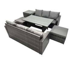Rackhams 8 Seat Outdoor Wicker PE Rattan Garden Furniture Set Dining Table Sofa Set with 2 Big Stool Side Table Dark Grey Mixed - thumbnail 2