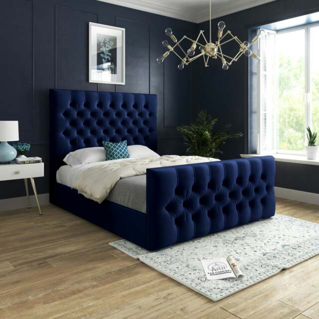 Rackhams Mayfair Upholstered Soft Velvet Metal Bed Frame - Grey - Blue - King - image 1