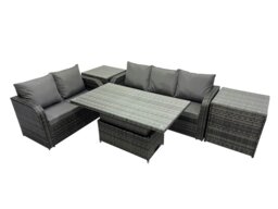 Rackhams Rattan Garden Furniture Dining Set 5 seater Patio Height Adjustable Rising Lifting Table Sofa Set with 2 Side Table Dark Grey Mixed - thumbnail 2