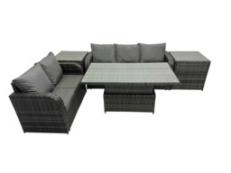 Rackhams Rattan Garden Furniture Dining Set 5 seater Patio Height Adjustable Rising Lifting Table Sofa Set with 2 Side Table Dark Grey Mixed - thumbnail 1