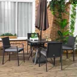 Rackhams Rattan Garden Dining Set for 4 with Cushions Umbrella Hole, Black - thumbnail 1