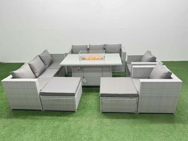 Rackhams 10 Seat PE Rattan Lounge Sofa Set Outdoor Garden Furniture Set with Fire Pit Dining Table 3 Seater Sofa 2 Big Footstool Light Grey - image 1