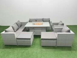 Rackhams 10 Seat PE Rattan Lounge Sofa Set Outdoor Garden Furniture Set with Fire Pit Dining Table 3 Seater Sofa 2 Big Footstool Light Grey - thumbnail 1