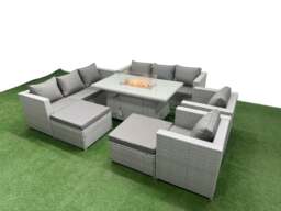 Rackhams 10 Seat PE Rattan Lounge Sofa Set Outdoor Garden Furniture Set with Fire Pit Dining Table 3 Seater Sofa 2 Big Footstool Light Grey - thumbnail 2