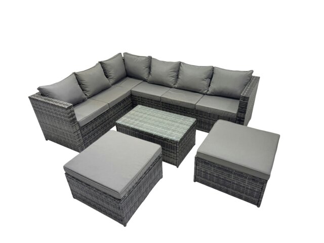 Rackhams Outdoor Rattan Rectangular Coffee Table Corner Sofa Setss Garden Furniture Set with 2 Big Stools Dark Grey Mixed - image 1