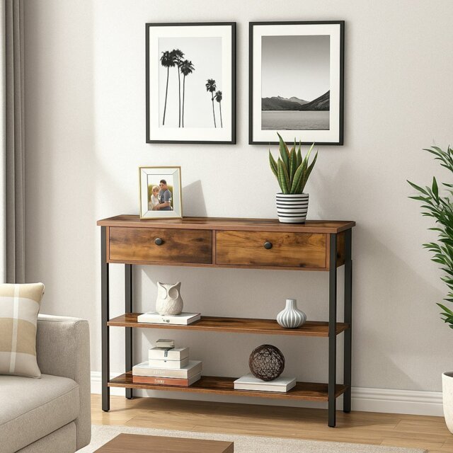Rackhams Rustic Brown Console Table with 2 Drawers – Industrial Hallway Table Sofa Side Table with Storage - image 1