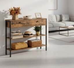 Rackhams Rustic Brown Console Table with 2 Drawers – Industrial Hallway Table Sofa Side Table with Storage - thumbnail 2