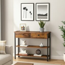 Rackhams Rustic Brown Console Table with 2 Drawers – Industrial Hallway Table Sofa Side Table with Storage - thumbnail 1