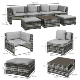Rackhams 7 PCs Rattan Garden Furniture Set with Side Shelf Stools - Mixed-grey - PE Rattan - 75W x 75D x 63Hcm - thumbnail 5