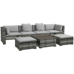 Rackhams 7 PCs Rattan Garden Furniture Set with Side Shelf Stools - Mixed-grey - PE Rattan - 75W x 75D x 63Hcm - thumbnail 2