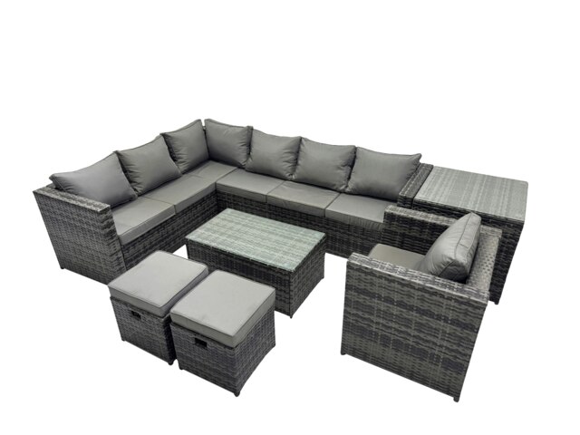 Rackhams Outdoor Rattan Rectangular Coffee Table Corner Sofa Setss Garden Furniture Set with Side Table 2 Small Stools Dark Grey Mixed - image 1