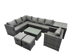 Rackhams Outdoor Rattan Rectangular Coffee Table Corner Sofa Setss Garden Furniture Set with Side Table 2 Small Stools Dark Grey Mixed - thumbnail 1