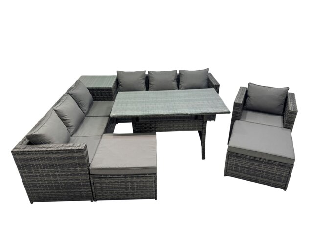 Rackhams 9 Seater Outdoor Corner Sofa Chair Dining Table Set Garden Rattan Furniture Set with Side Table 2 Big Stool Dark Grey - image 1